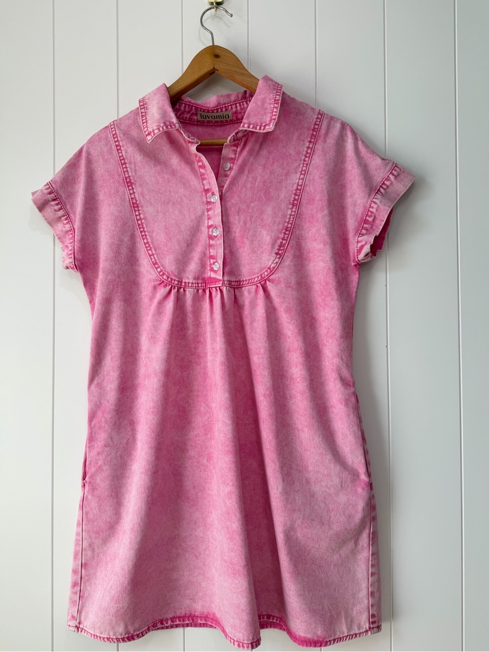 Pink Mineral Wash Denim Cap Sleeve Button Front Mini Dress Cotton Pockets Small
